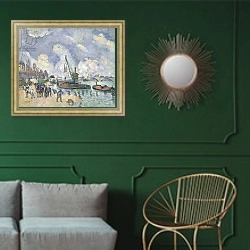 «Quai de Bercy, Paris, 1873-75» в интерьере классической гостиной с зеленой стеной над диваном