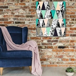 «Тропические птицы и растения 1» в интерьере в стиле лофт с кирпичной стеной и синим креслом