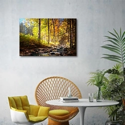 «Ручей в солнечном осеннем лесу» в интерьере современной гостиной с желтым креслом