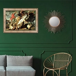 «The Lion Hunt, 1621» в интерьере классической гостиной с зеленой стеной над диваном