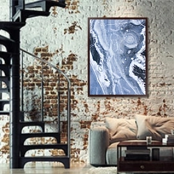 «Синий камень» в интерьере двухярусной гостиной в стиле лофт с кирпичной стеной