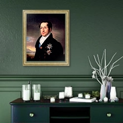 «Portrait of Prince Sergej Golitsyn, post 1828» в интерьере прихожей в зеленых тонах над комодом