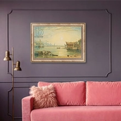 «Teignmouth, Devonshire, c.1813» в интерьере гостиной с розовым диваном