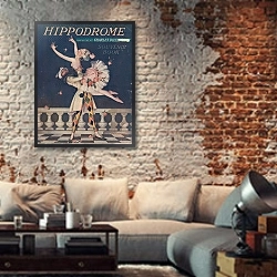 «Hippodrome souvenir program for Happy Days» в интерьере гостиной в стиле лофт с кирпичной стеной