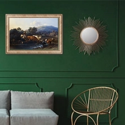 «Крестьяне со скотом, переходящие брод» в интерьере классической гостиной с зеленой стеной над диваном