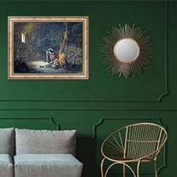 «Пейзаж амбара с двумя крестьянами» в интерьере классической гостиной с зеленой стеной над диваном