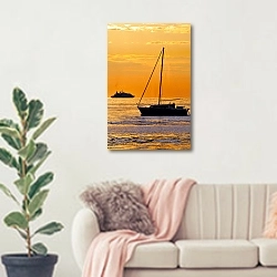 «Лодка и яхта на фоне оранжевого заката» в интерьере современной светлой гостиной над диваном