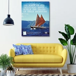 «Pacific Islander Action Poster» в интерьере современной гостиной с желтым диваном