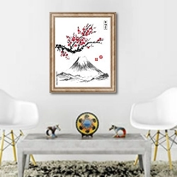 «Восточная сакура в цвету и гора Фудзияма» в интерьере гостиной в этническом стиле над столом