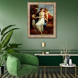 «Erato, the Muse of Lyric Poetry with a putto» в интерьере гостиной в зеленых тонах
