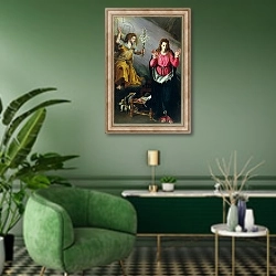 «The Annunciation, 1603» в интерьере гостиной в зеленых тонах