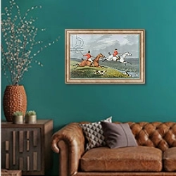 «Fox Hunting: Full Cry, 1828» в интерьере гостиной с зеленой стеной над диваном