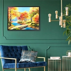 «Красочный осенний лес с мостиком через ручей» в интерьере гостиной в оливковых тонах