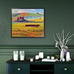 «Evening Cattle, Cuckmere Valley, Sussex» в интерьере прихожей в зеленых тонах над комодом