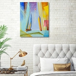«Абстрактный морской пейзаж с яхтами» в интерьере современной спальни в белом цвете с золотыми деталями