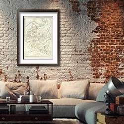 «Карта: Россия в Европе 1» в интерьере гостиной в стиле лофт с кирпичной стеной