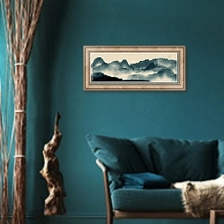 «Китайский акварельный пейзаж» в интерьере зеленой гостиной в этническом стиле над диваном