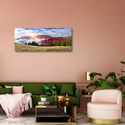 «Туман в осенних горах 6» в интерьере современной гостиной с розовой стеной