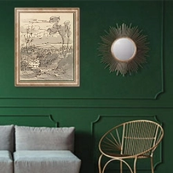 «Trees and Hilly Landscape» в интерьере классической гостиной с зеленой стеной над диваном