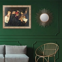 «Концерт 3» в интерьере классической гостиной с зеленой стеной над диваном