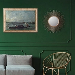 «Гондола в лагуне рядом с Местре» в интерьере классической гостиной с зеленой стеной над диваном
