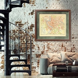 «Карта Рима» в интерьере двухярусной гостиной в стиле лофт с кирпичной стеной