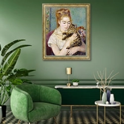 «Woman with a Cat, c.1875» в интерьере гостиной в зеленых тонах