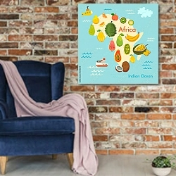 «Детская фруктовая карта Африки» в интерьере в стиле лофт с кирпичной стеной и синим креслом