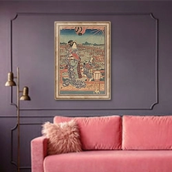 «Woman and Child in Purple Kimono Overlooking Boats and Bridge» в интерьере гостиной с розовым диваном