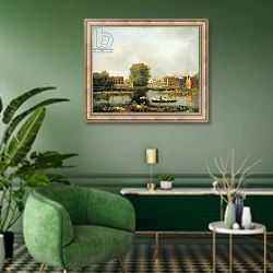 «A River Landscape, possibly a View from the West End of Rochester Bridge, 1800-10» в интерьере гостиной в зеленых тонах