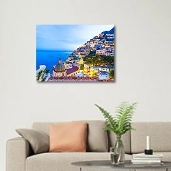 «Италия. View of Positano, Amalfi Coast» в интерьере современной светлой гостиной над диваном