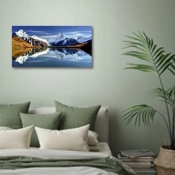 «Швейцария. Панорама с заснеженными горами» в интерьере современной спальни в зеленых тонах