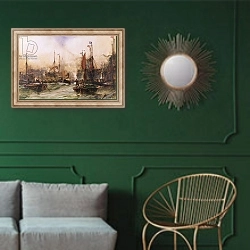 «The Thames at Tower Bridge» в интерьере классической гостиной с зеленой стеной над диваном