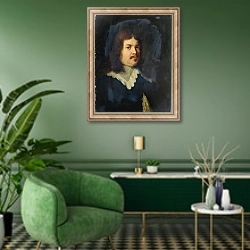 «Портрет мужчины 19» в интерьере гостиной в зеленых тонах