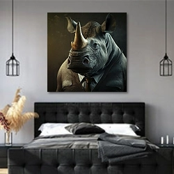 «Носорог в галстуке» в интерьере современной спальни с черной кроватью