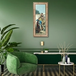 «Сидящий мужчина, женщина с кувшином и мальчиком» в интерьере гостиной в зеленых тонах