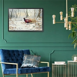 «Pheasants in Snow» в интерьере в классическом стиле с зеленой стеной