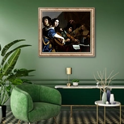 «музыкальная компания» в интерьере гостиной в зеленых тонах