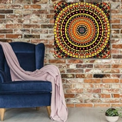 «Этнические красочные круги» в интерьере в стиле лофт с кирпичной стеной и синим креслом