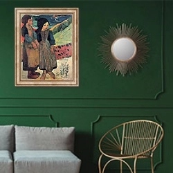 «Маленькие бретонки у моря» в интерьере классической гостиной с зеленой стеной над диваном