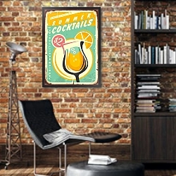 «Ретро плакат летних коктейлей» в интерьере кабинета в стиле лофт с кирпичными стенами