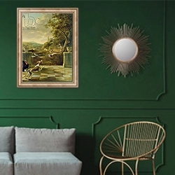 «Hunting scene» в интерьере классической гостиной с зеленой стеной над диваном