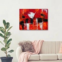 «Красная абстракция с белыми и черными мазками» в интерьере современной светлой гостиной над диваном