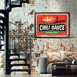 «Чили соус, старинная вывеска с перцем чили и горячим пламенем» в интерьере двухярусной гостиной в стиле лофт с кирпичной стеной