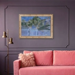 «Greek mountain view» в интерьере гостиной с розовым диваном