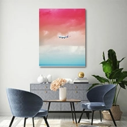 «Самолет в розовом небе над морем» в интерьере современной гостиной над комодом