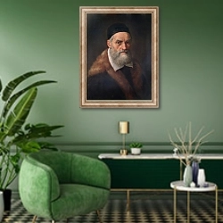«Self Portrait, c.1562-92» в интерьере гостиной в зеленых тонах