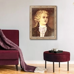 «Wolfgang Amadeus Mozart during his stay in Prague in 1787» в интерьере гостиной в бордовых тонах