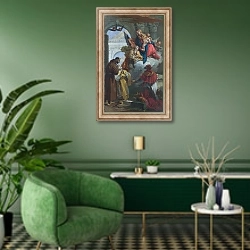 «Дева Мария с младенцем, появляющиеся перед группой Святых» в интерьере гостиной в зеленых тонах