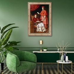 «Portrait of Pope Gregory XV and Ludovico Ludovisi» в интерьере гостиной в зеленых тонах